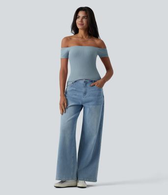 Ribbed Knit Off Shoulder Short Sleeve 2-in-1 Casual Top