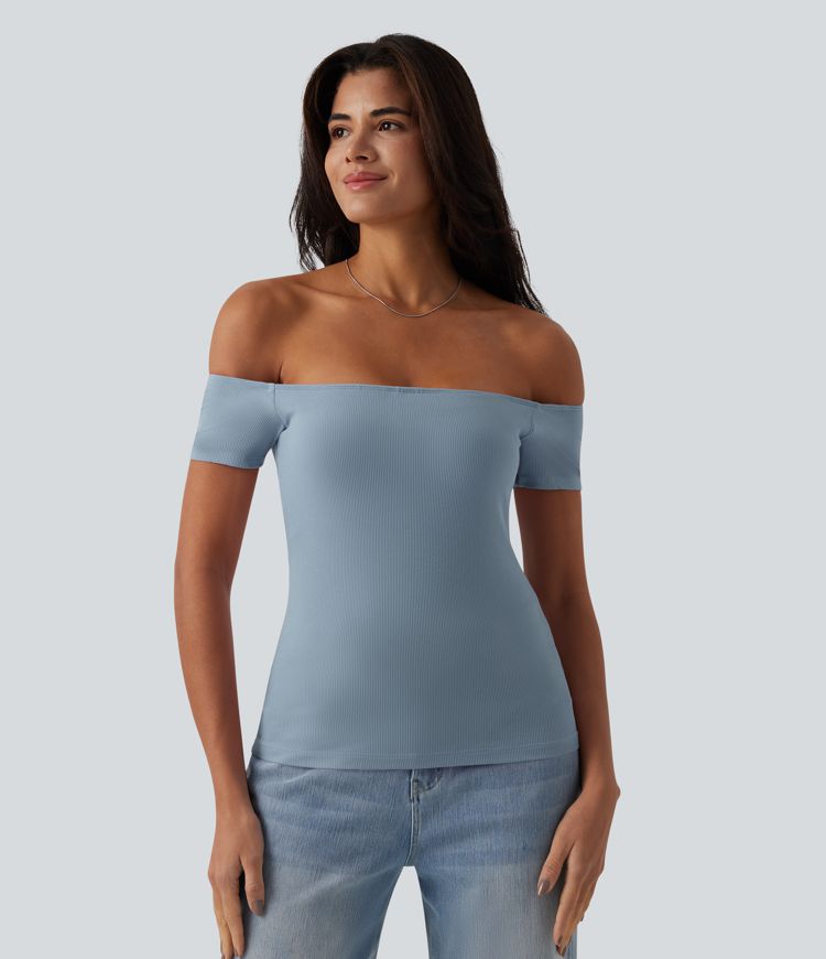 Ribbed Knit Off Shoulder Short Sleeve 2-in-1 Casual Top