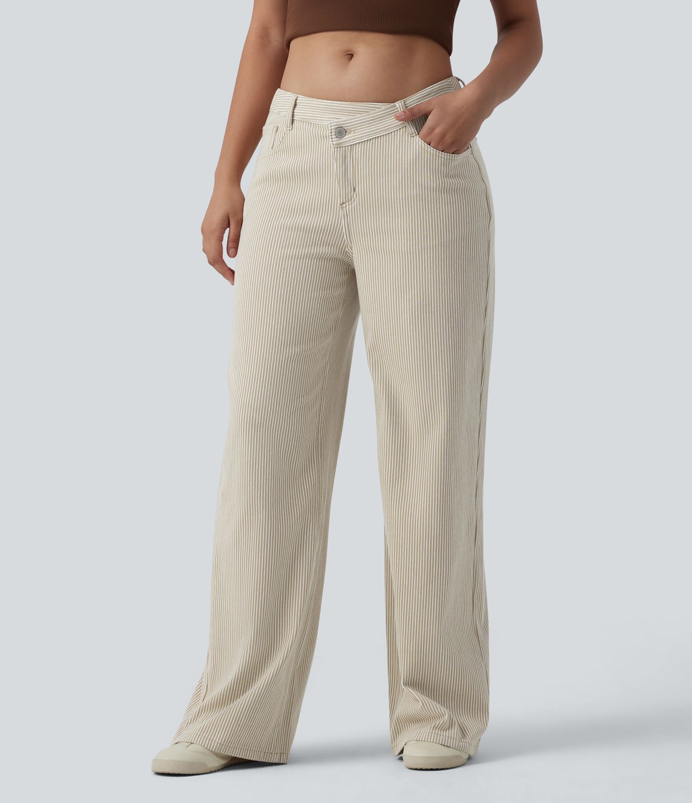 Halara Flex™ Asymmetric Mid Rise Stripes Casual Baggy Jeans with Pockets