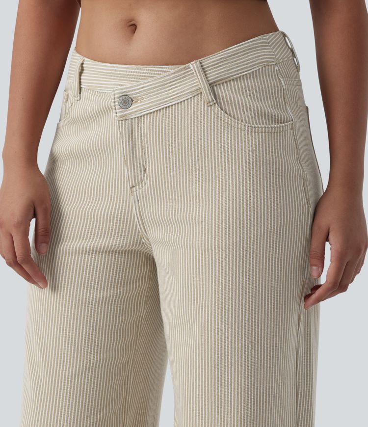 Halara Flex™ Asymmetric Mid Rise Stripes Casual Baggy Jeans with Pockets
