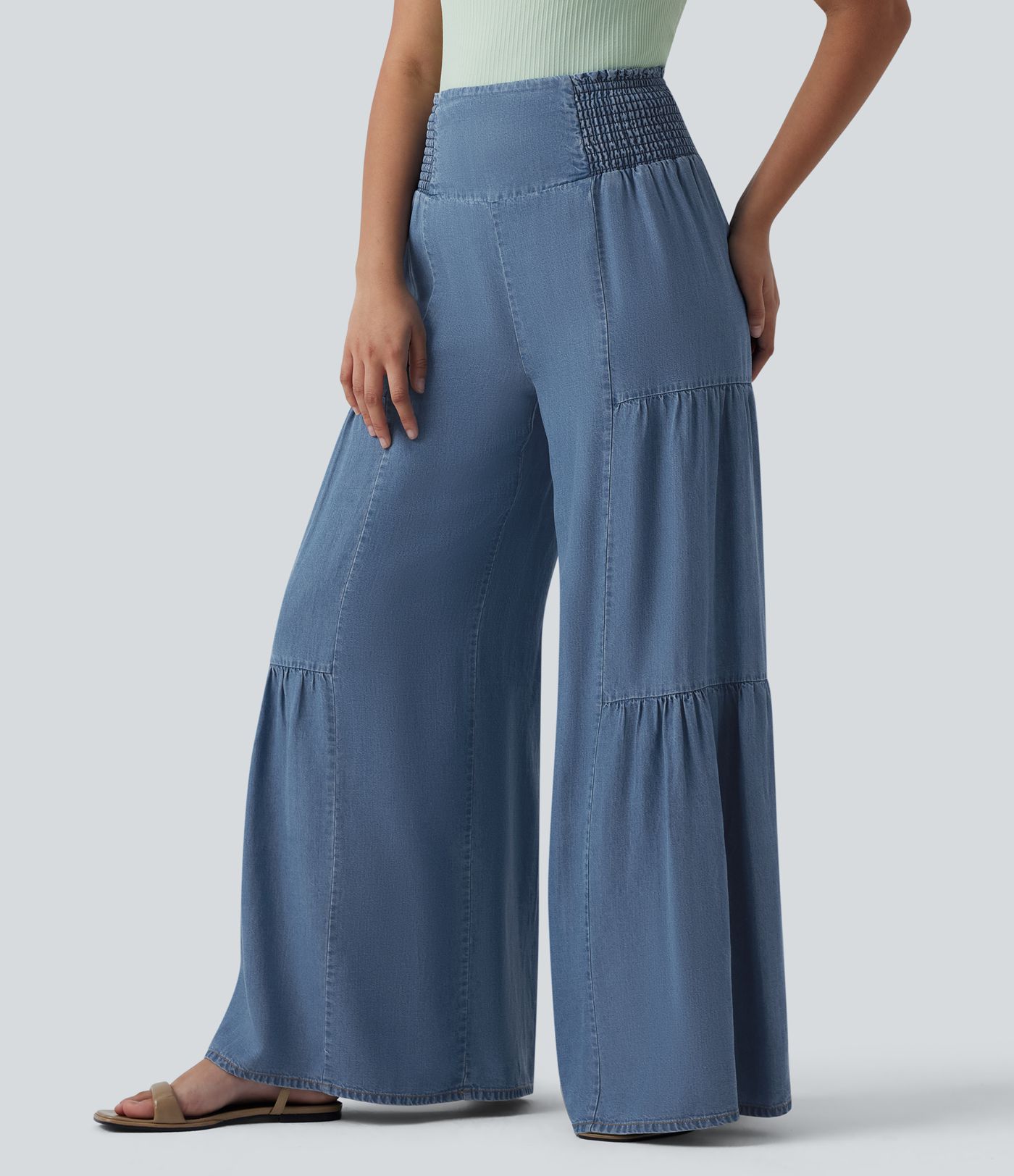 High Waisted Shirred Tie-back Draped Casual Baggy Wide Leg Jeans