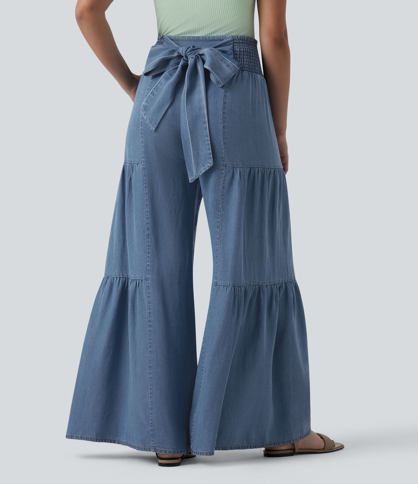 High Waisted Shirred Tie-back Draped Casual Baggy Wide Leg Jeans