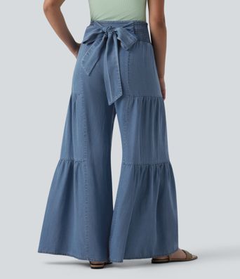 High Waisted Shirred Tie-back Draped Casual Baggy Wide Leg Jeans