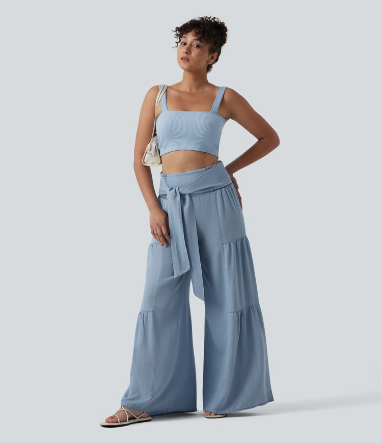 High Waisted Shirred Tie-back Draped Casual Baggy Wide Leg Jeans