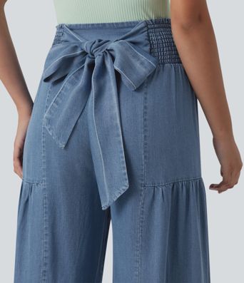 High Waisted Shirred Tie-back Draped Casual Baggy Wide Leg Jeans