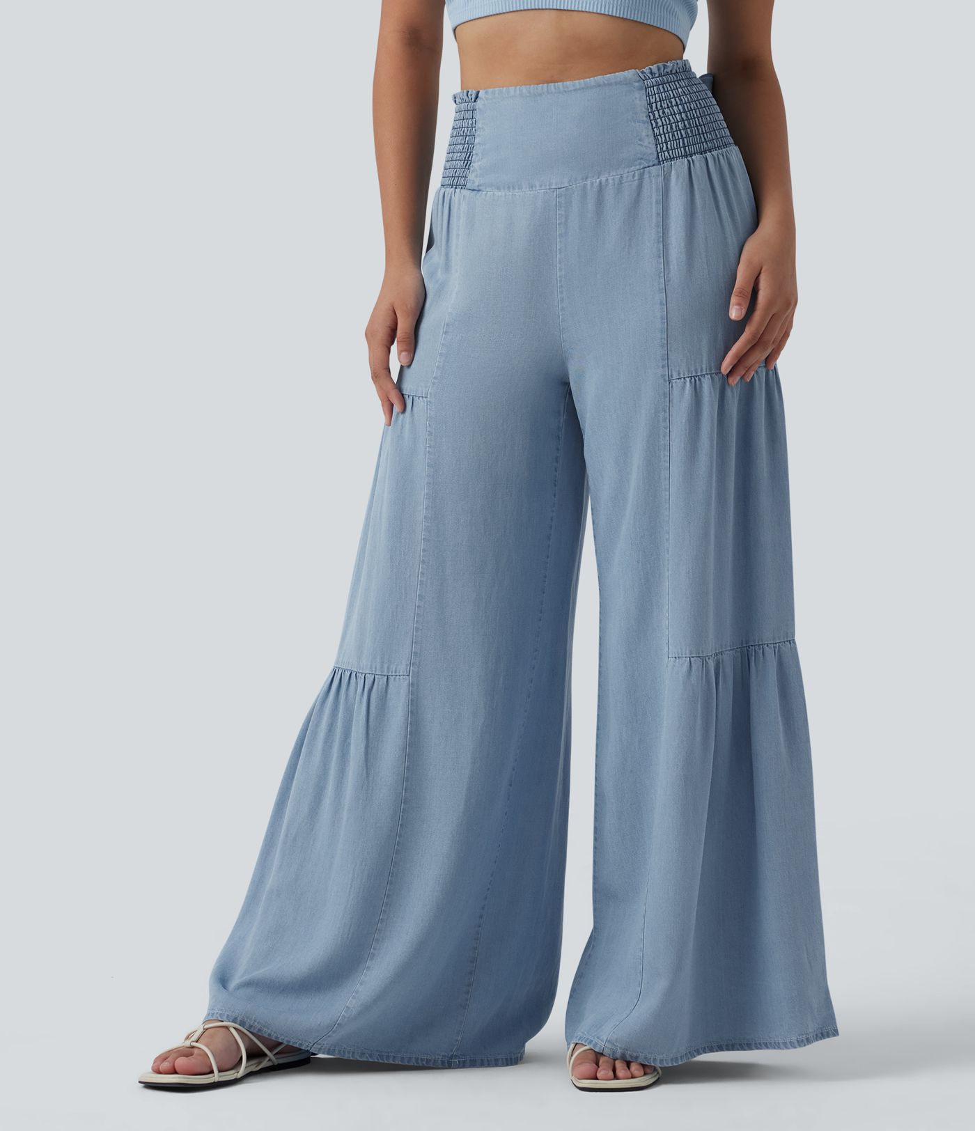 High Waisted Shirred Tie-back Draped Casual Baggy Wide Leg Jeans