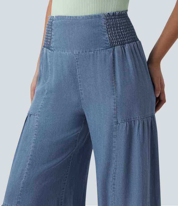 High Waisted Shirred Tie-back Draped Casual Baggy Wide Leg Jeans