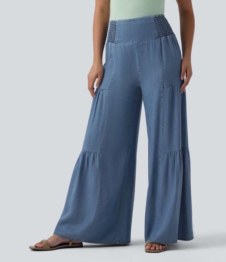 High Waisted Shirred Tie-back Draped Casual Baggy Wide Leg Jeans
