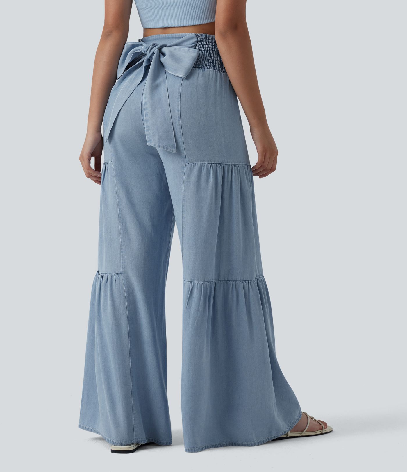 High Waisted Shirred Tie-back Draped Casual Baggy Wide Leg Jeans