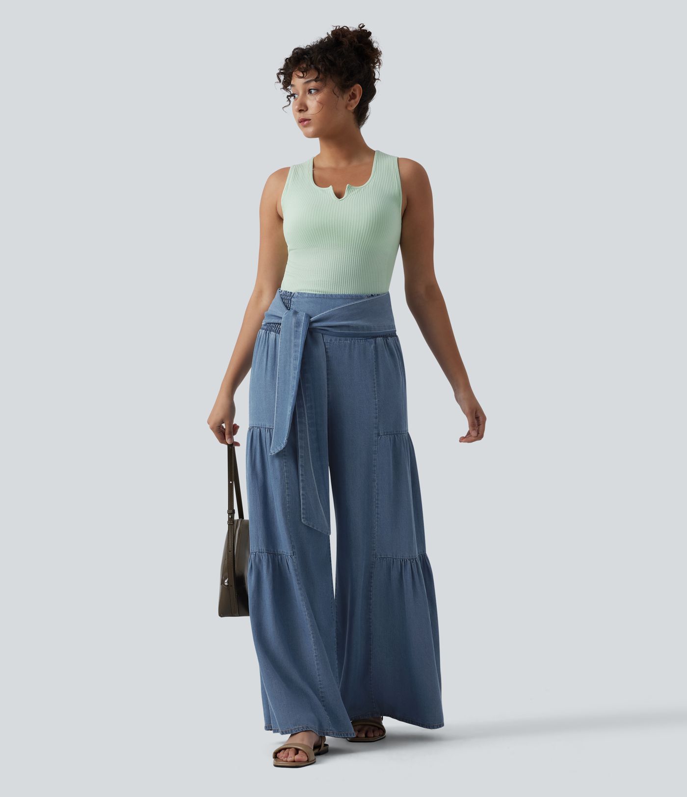 High Waisted Shirred Tie-back Draped Casual Baggy Wide Leg Jeans
