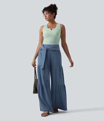 High Waisted Shirred Tie-back Draped Casual Baggy Wide Leg Jeans