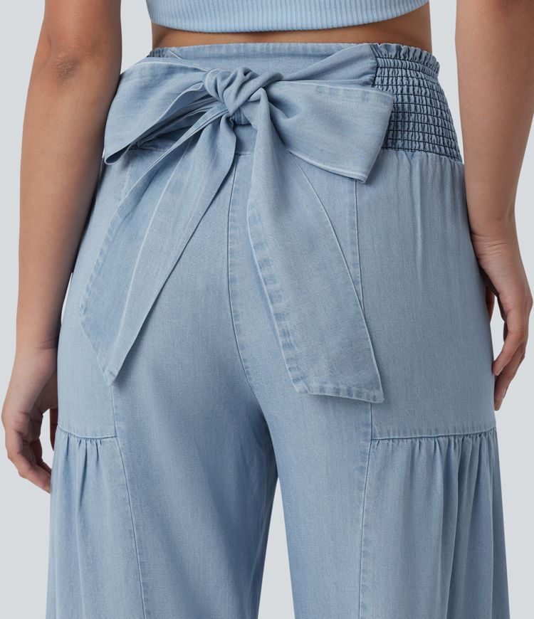 High Waisted Shirred Tie-back Draped Casual Baggy Wide Leg Jeans