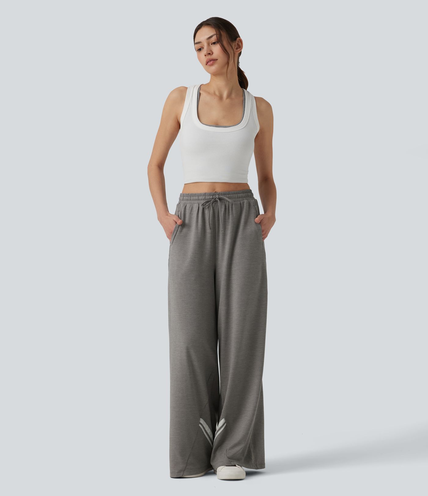 High Waisted Drawstring Wide Leg Color Block Casual Pants with Pockets
