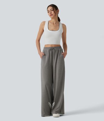 High Waisted Drawstring Wide Leg Color Block Casual Pants with Pockets