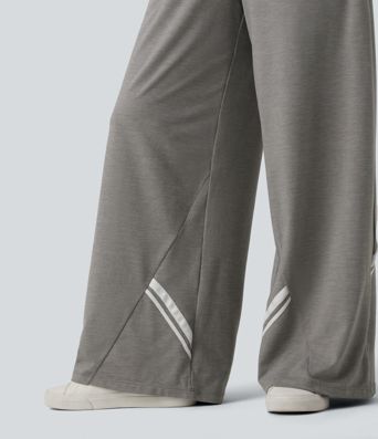 High Waisted Drawstring Wide Leg Color Block Casual Pants with Pockets