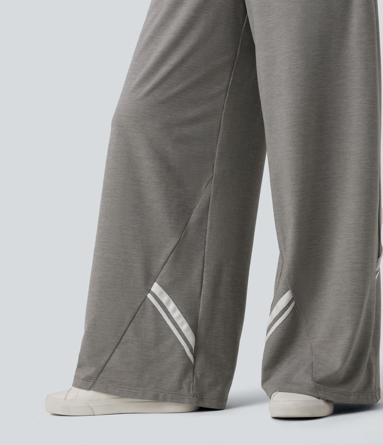 High Waisted Drawstring Wide Leg Color Block Casual Pants with Pockets