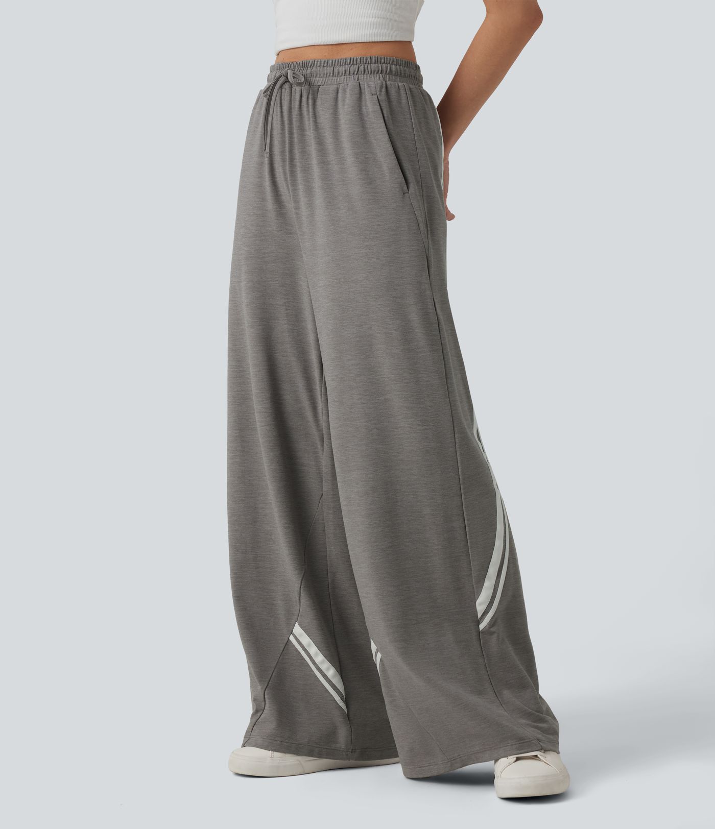 High Waisted Drawstring Wide Leg Color Block Casual Pants with Pockets