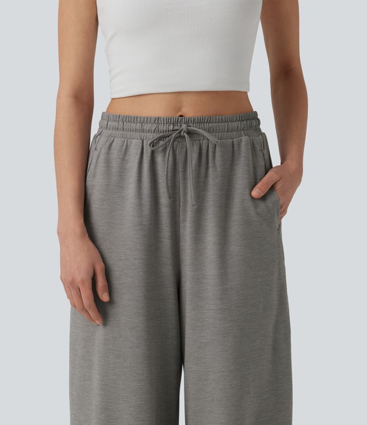 High Waisted Drawstring Wide Leg Color Block Casual Pants with Pockets