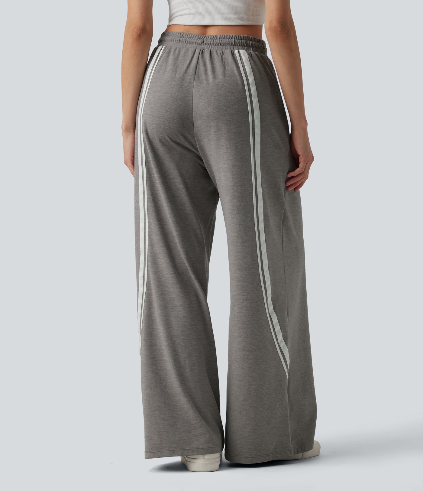 High Waisted Drawstring Wide Leg Color Block Casual Pants with Pockets