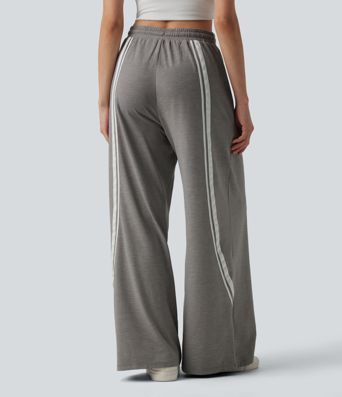 High Waisted Drawstring Wide Leg Color Block Casual Pants with Pockets