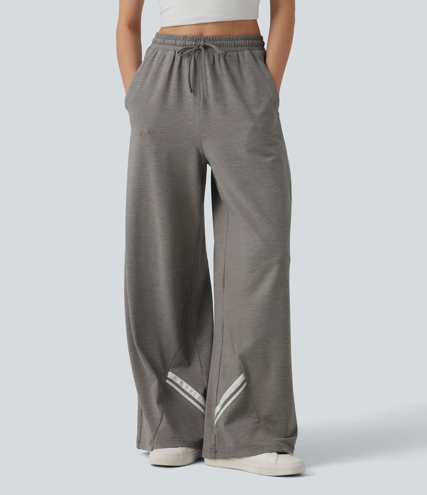 High Waisted Drawstring Wide Leg Color Block Casual Pants with Pockets