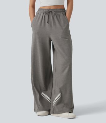 High Waisted Drawstring Wide Leg Color Block Casual Pants with Pockets