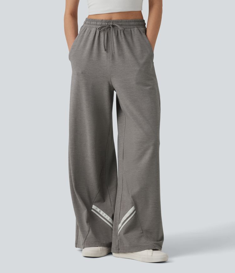 High Waisted Drawstring Wide Leg Color Block Casual Pants with Pockets