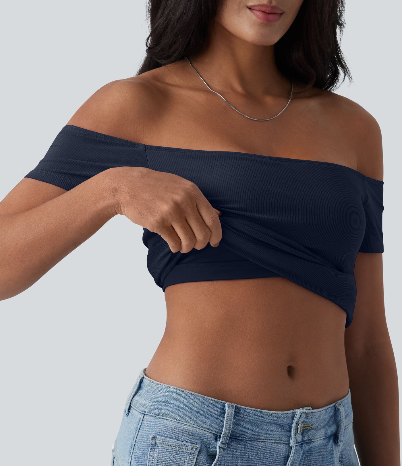 Ribbed Knit Off Shoulder Short Sleeve 2-in-1 Casual Top