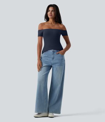 Ribbed Knit Off Shoulder Short Sleeve 2-in-1 Casual Top