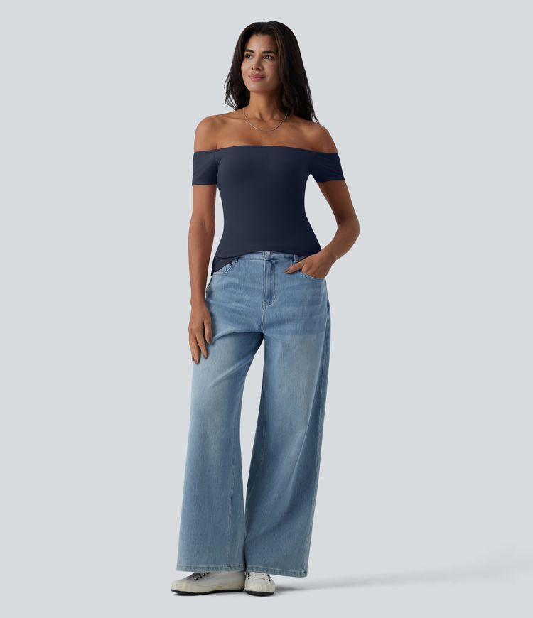 Ribbed Knit Off Shoulder Short Sleeve 2-in-1 Casual Top