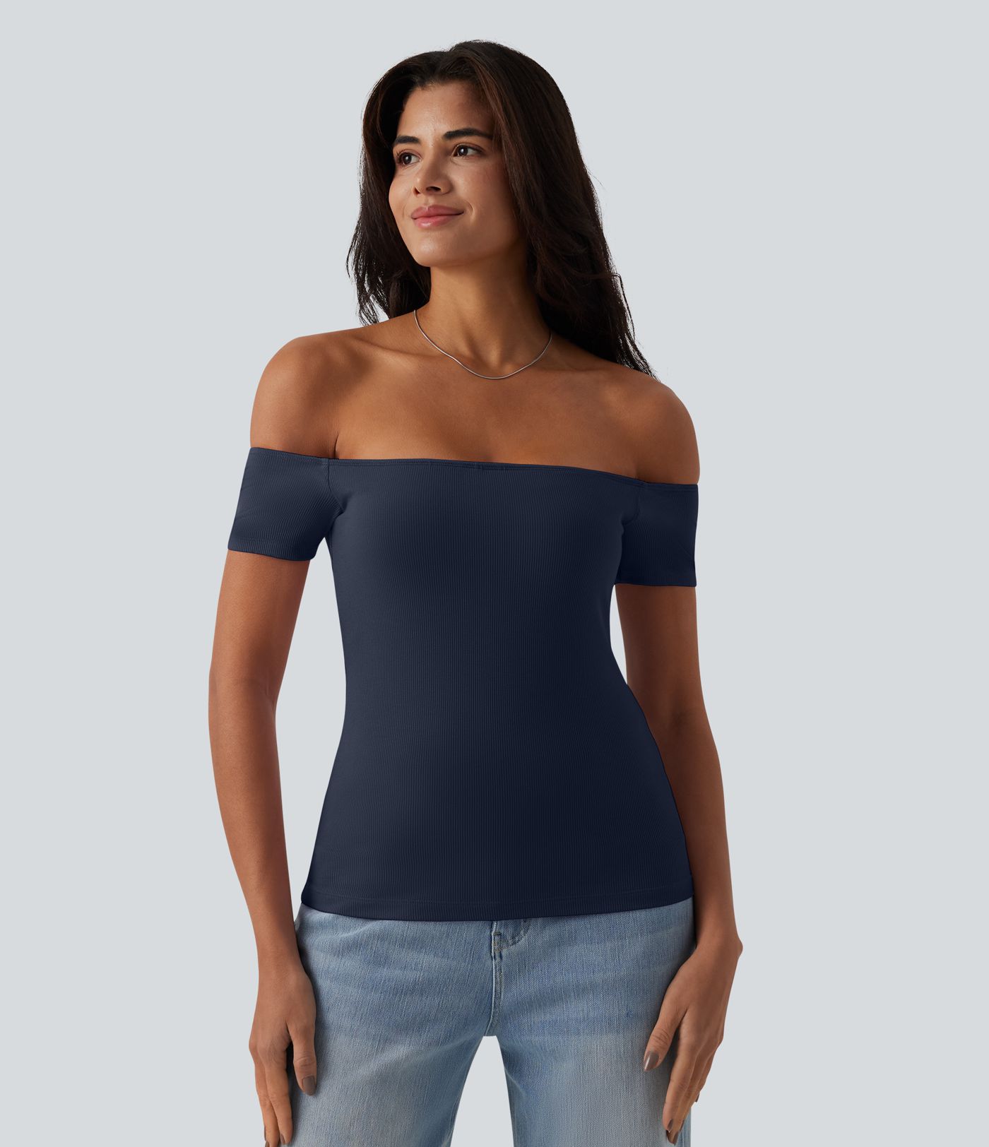 Ribbed Knit Off Shoulder Short Sleeve 2-in-1 Casual Top