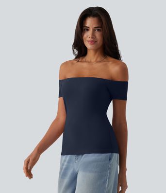 Ribbed Knit Off Shoulder Short Sleeve 2-in-1 Casual Top