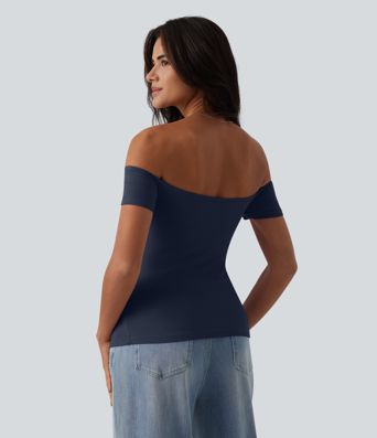 Ribbed Knit Off Shoulder Short Sleeve 2-in-1 Casual Top