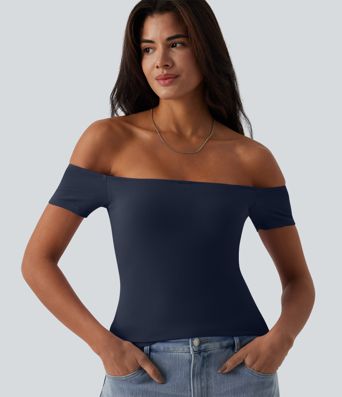 Ribbed Knit Off Shoulder Short Sleeve 2-in-1 Casual Top