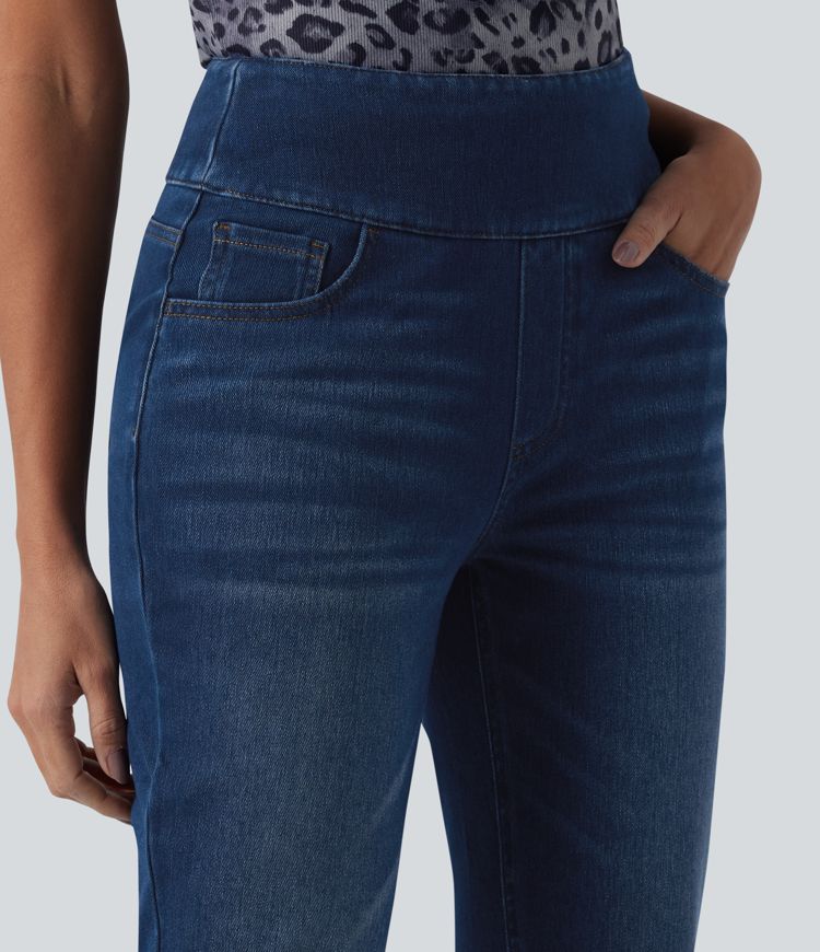 Halara Flex™ hochgeschnittene, bauchformende, lässige Jeans mit umgeschlagenem Saum und Taschen