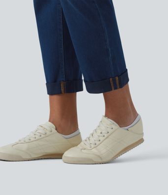 Halara Flex™ hochgeschnittene, bauchformende, lässige Jeans mit umgeschlagenem Saum und Taschen