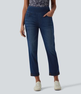 Halara Flex™ hochgeschnittene, bauchformende, lässige Jeans mit umgeschlagenem Saum und Taschen