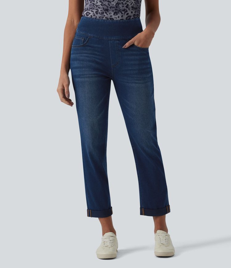 Halara Flex™ hochgeschnittene, bauchformende, lässige Jeans mit umgeschlagenem Saum und Taschen