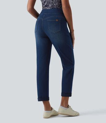 Halara Flex™ hochgeschnittene, bauchformende, lässige Jeans mit umgeschlagenem Saum und Taschen