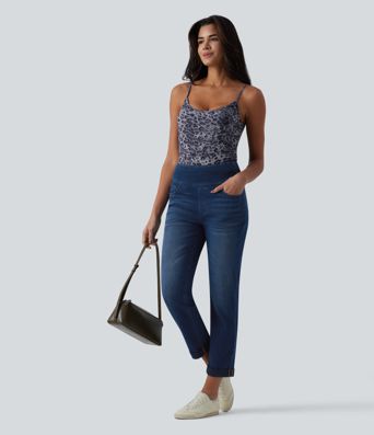 Halara Flex™ hochgeschnittene, bauchformende, lässige Jeans mit umgeschlagenem Saum und Taschen