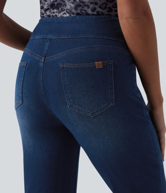 Halara Flex™ hochgeschnittene, bauchformende, lässige Jeans mit umgeschlagenem Saum und Taschen