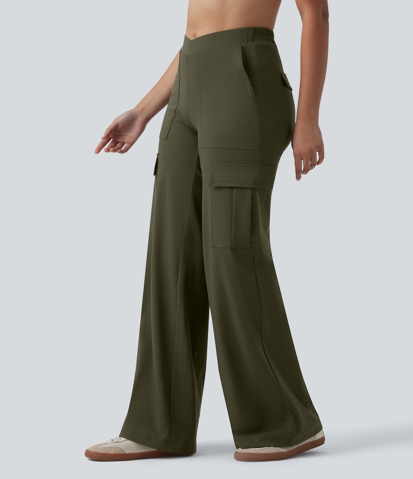 DayStretch V-Shaped High Waisted Wide Leg Casual Cargo Trousers with Pockets
