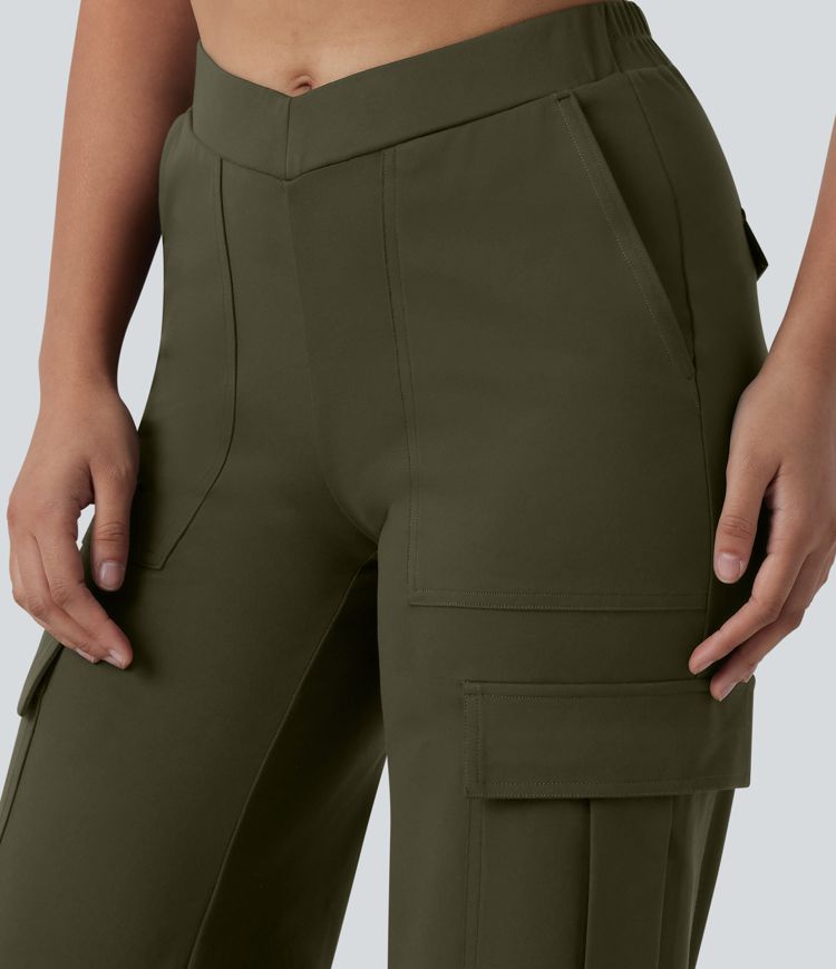 DayStretch V-Shaped High Waisted Wide Leg Casual Cargo Trousers with Pockets