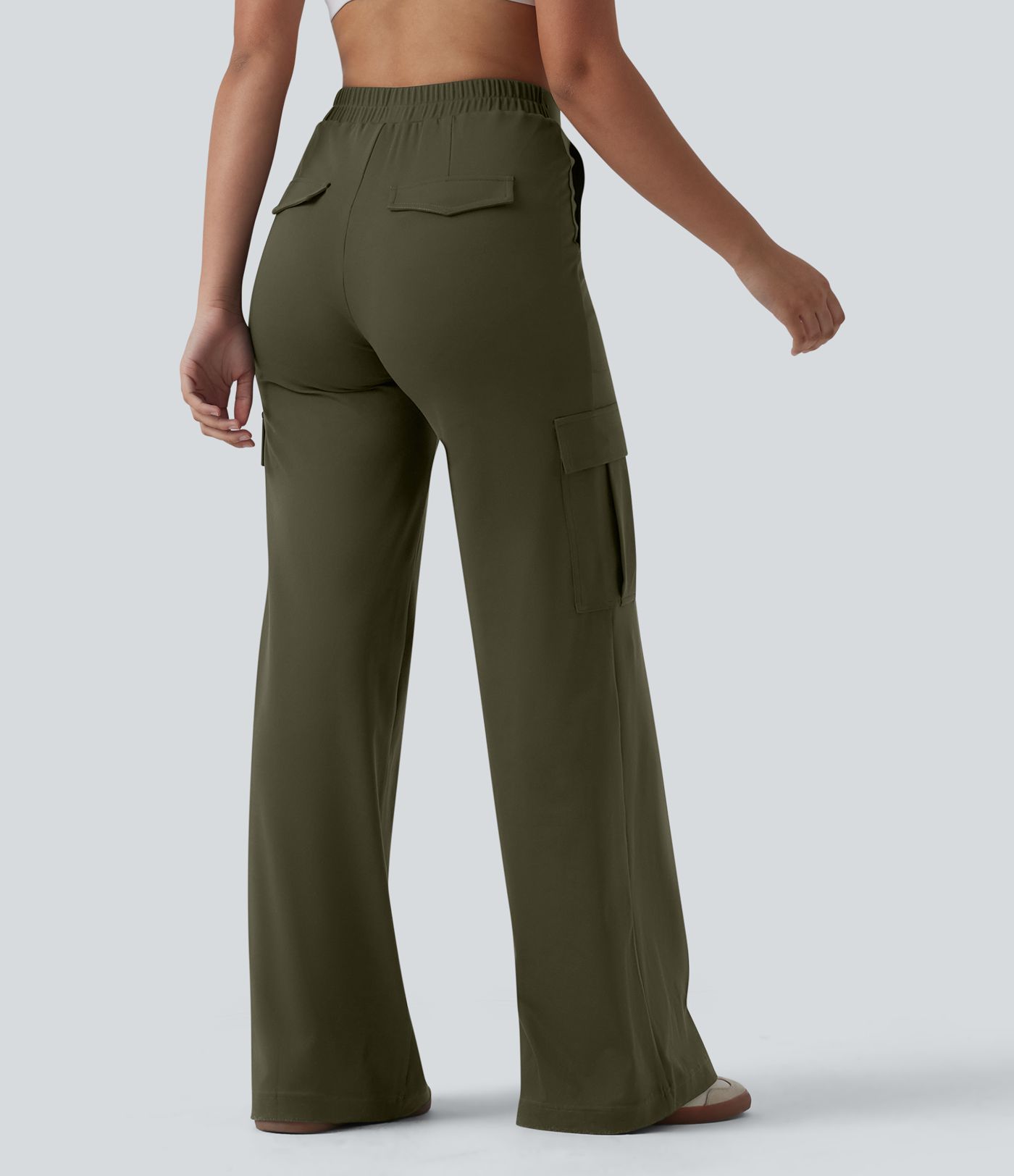 DayStretch V-Shaped High Waisted Wide Leg Casual Cargo Trousers with Pockets