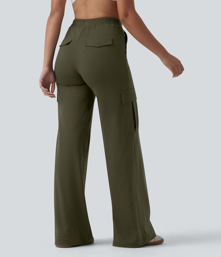 DayStretch V-Shaped High Waisted Wide Leg Casual Cargo Trousers with Pockets