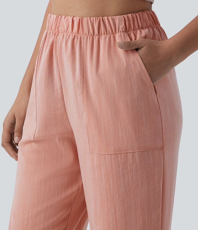 High Waisted Straight Leg Cropped Casual Linen-Feel Trousers with Pockets