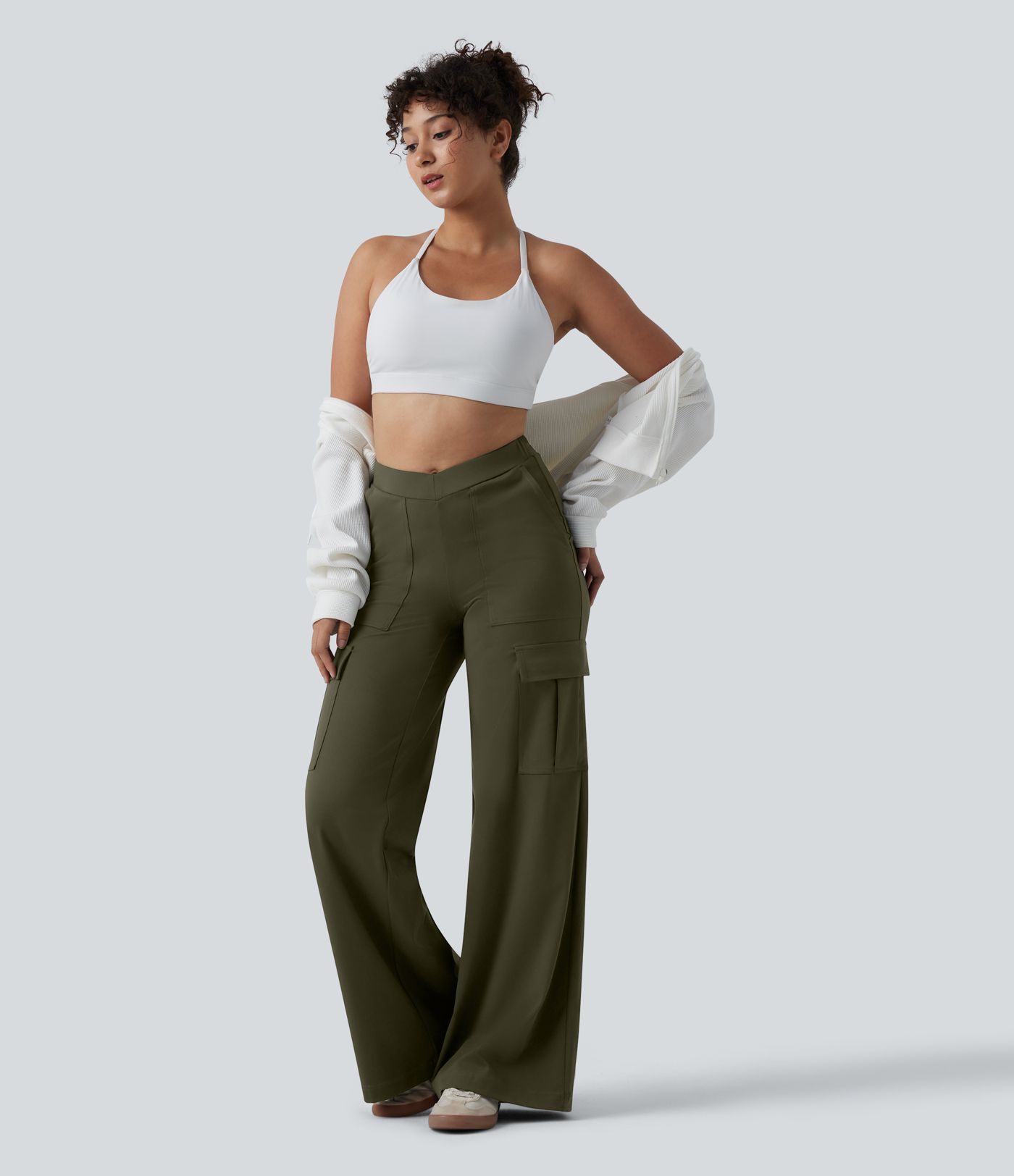 DayStretch V-Shaped High Waisted Wide Leg Casual Cargo Trousers with Pockets