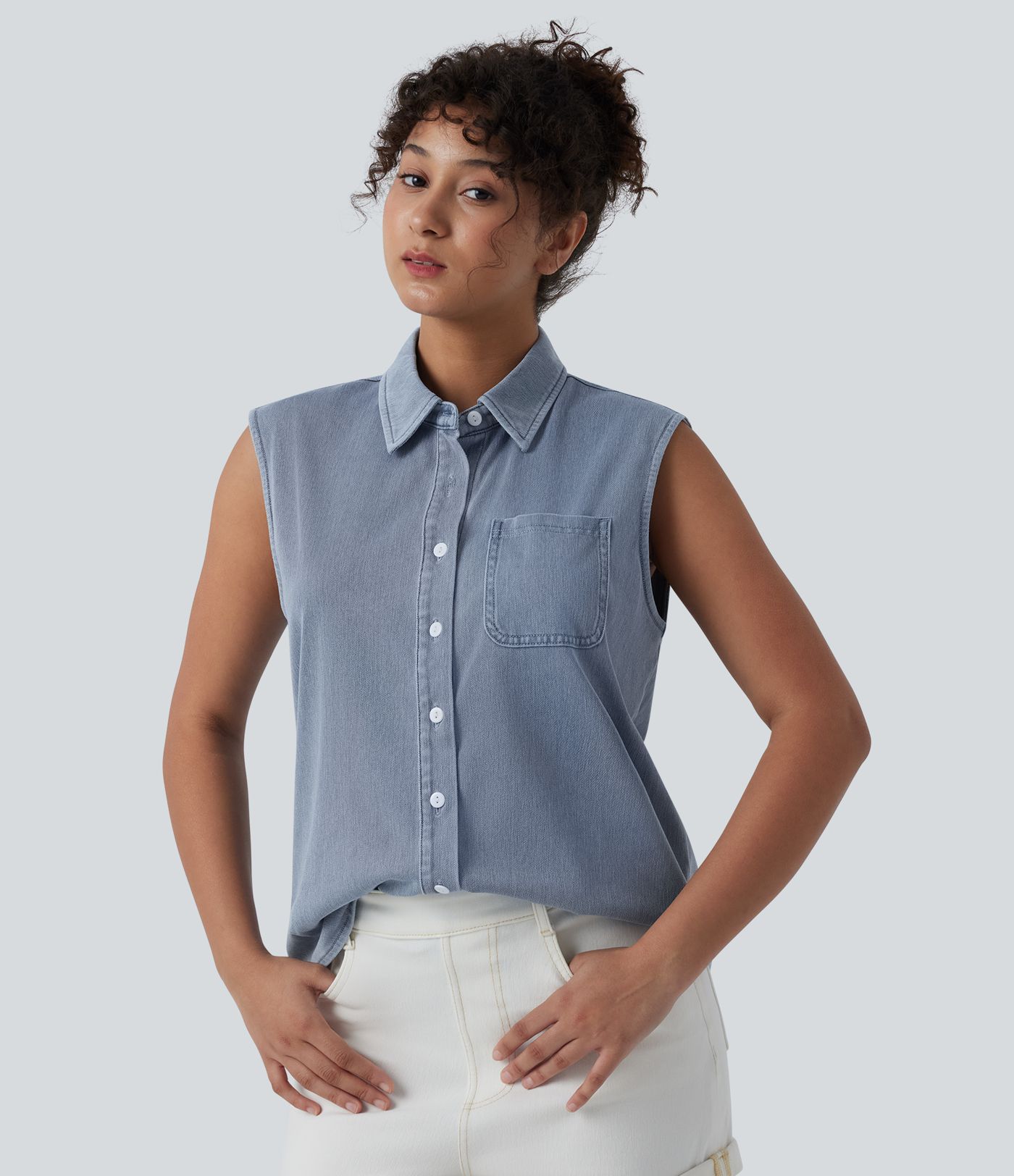 Halara Flex™ Sleeveless Denim Casual Shirt with Pocket