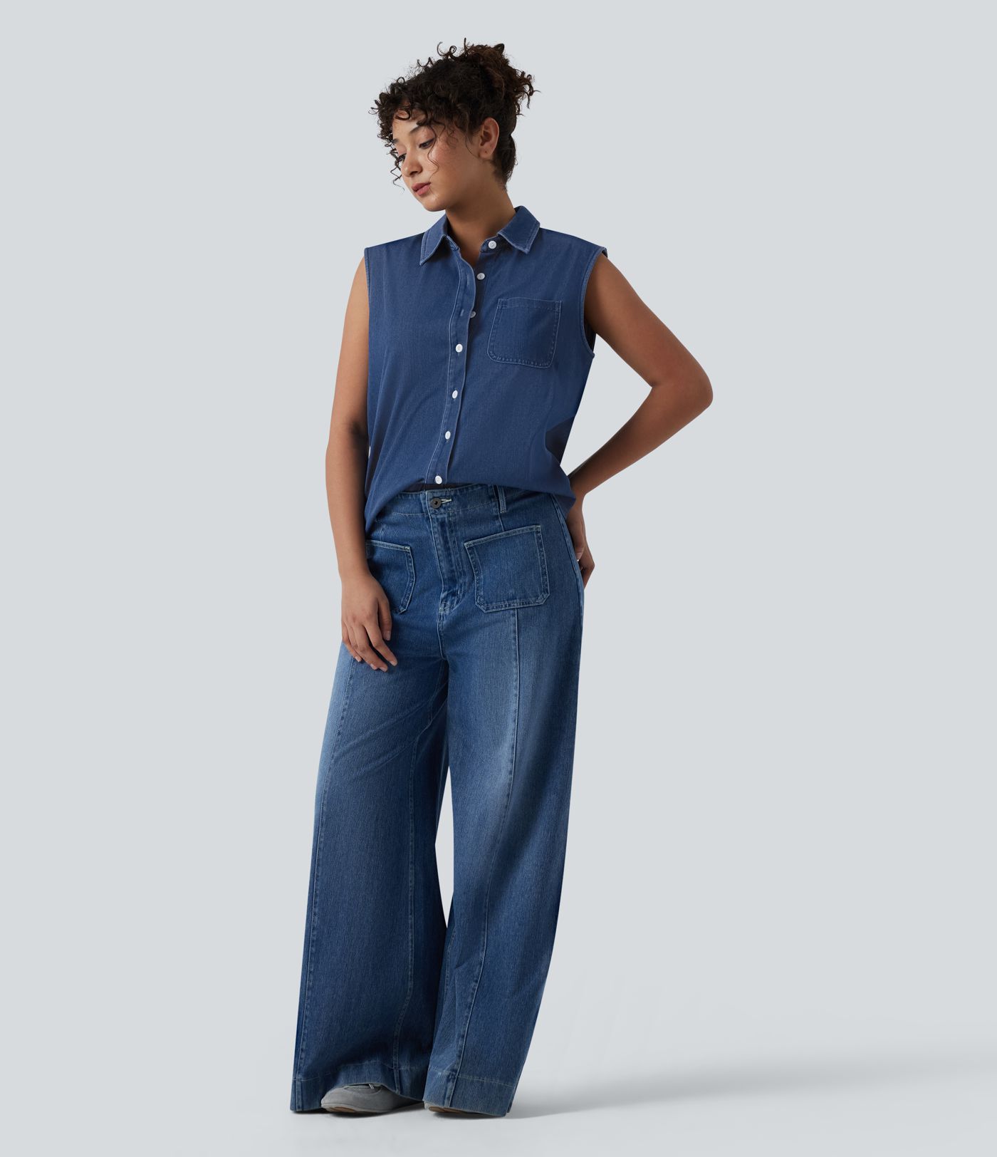 Halara Flex™ Sleeveless Denim Casual Shirt with Pocket Halara Flex™ Sleeveless Denim Casual Shirt with Pocket