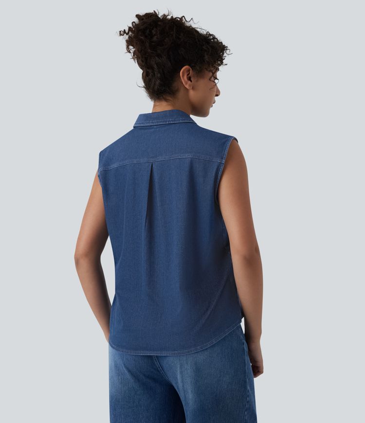 Halara Flex™ Sleeveless Denim Casual Shirt with Pocket Halara Flex™ Sleeveless Denim Casual Shirt with Pocket